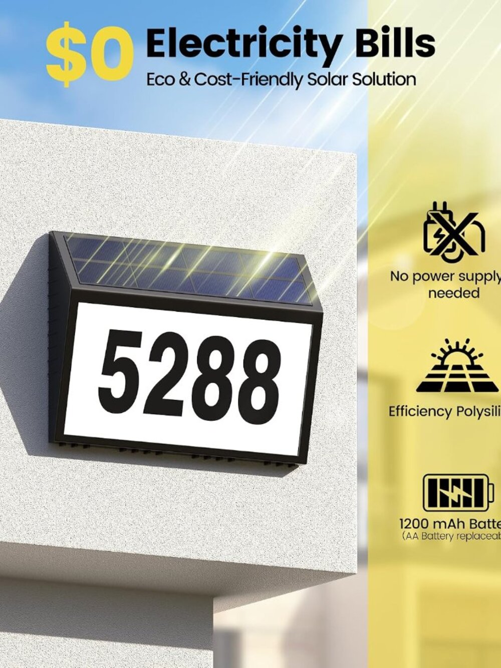 Solar Address Sign, House Numbers for Outside, LED Address Plaque - Picture 3 of 8